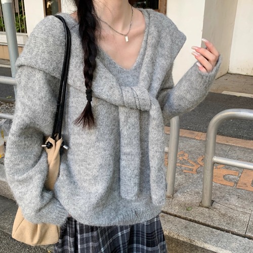 3色／ショール付きVネックセーター ・72725