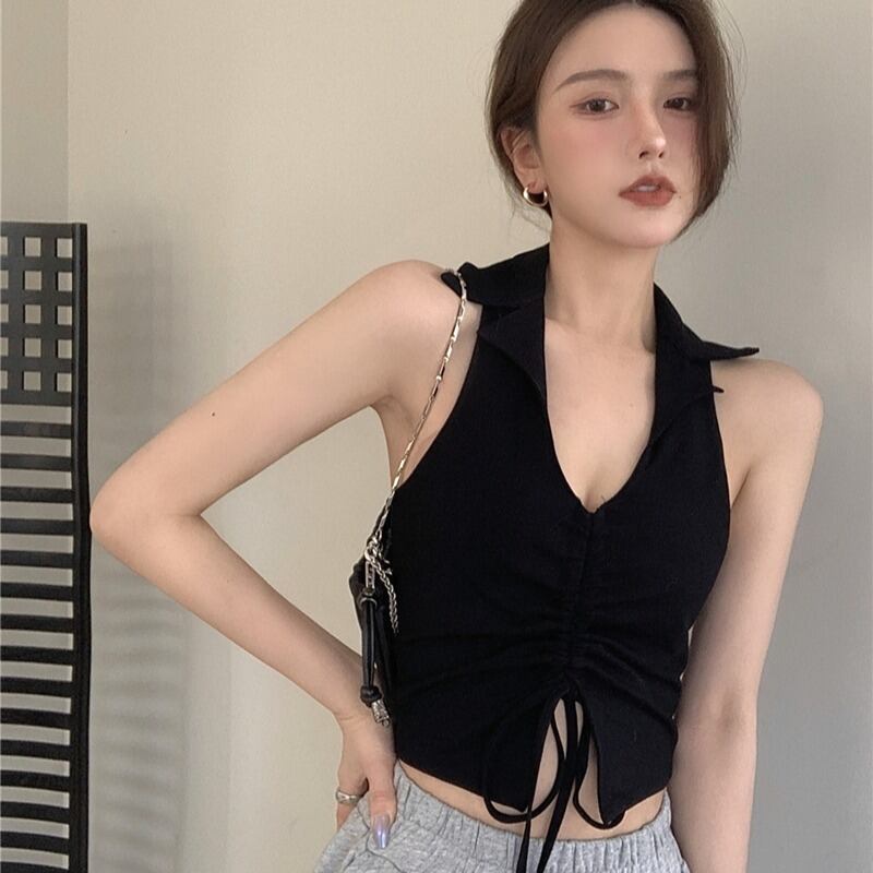 スタンダードホルタートップス レディースサマーギャザーブラックショート レトロ 夏物 YY-ファッション14717684929