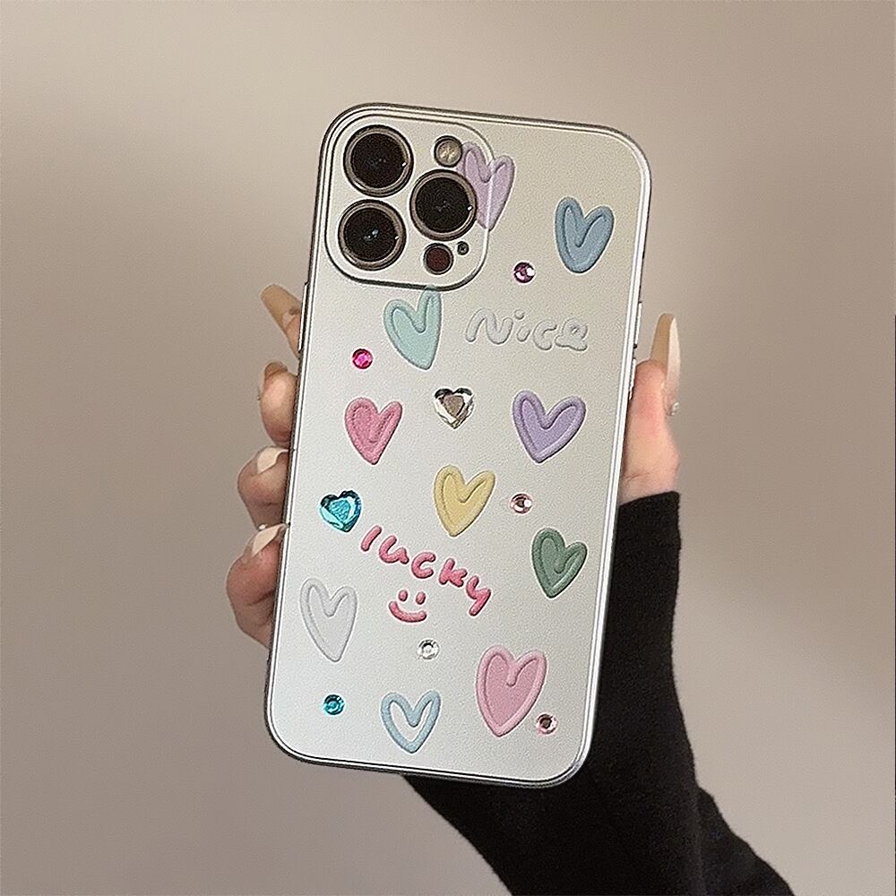 iPhone15対応】ハートがいっぱい◎マットメタル デコ Lucky Nice