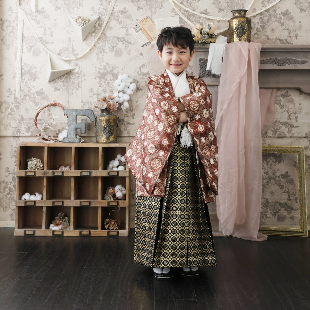 変わり色赤紫♡七五三 大きめ5歳 7歳 男の子 フルセット 一式 兜