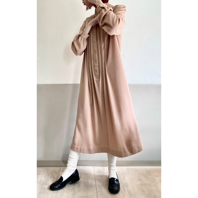 Beige Tuck Front High Neck Shirt Dress