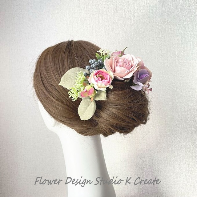 ロマンティークなモーブローズと紫陽花のヘッドドレス　成人式　ウェディング　ピンク　結婚式　卒業袴　髪飾り　ヘッドパーツ