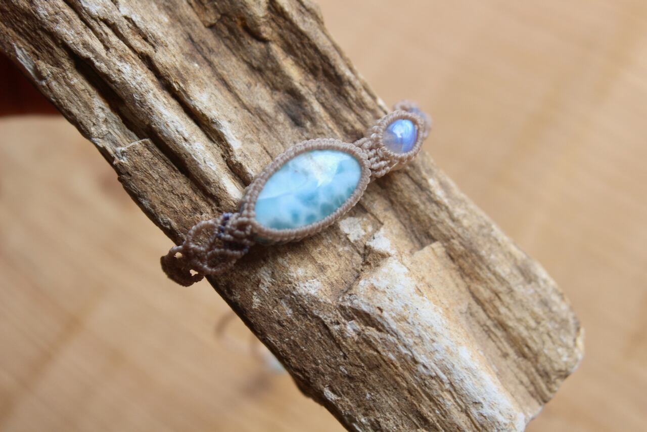 Larimar & Rainbow moonstone micro macrame bracelet