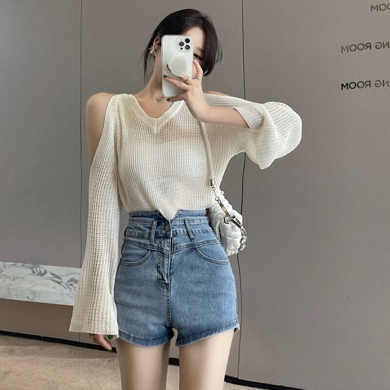 Vネック薄手セーター ニットレディースサマールーズショートトップス 大人ガーリー スウィート キュート カジュアル 夏物 オフショルダー ガールズファッション84204188070