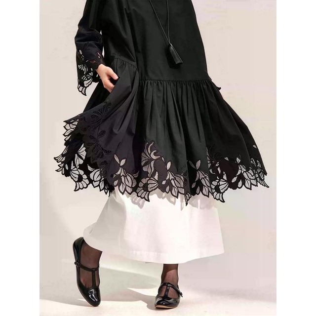 floral cutwork volume tunic one-piece