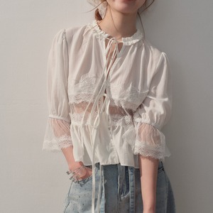 Ribbon Tie  Lace Short Blouse  T4457