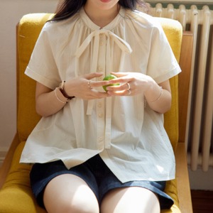 french round neck bow tie tops shirt