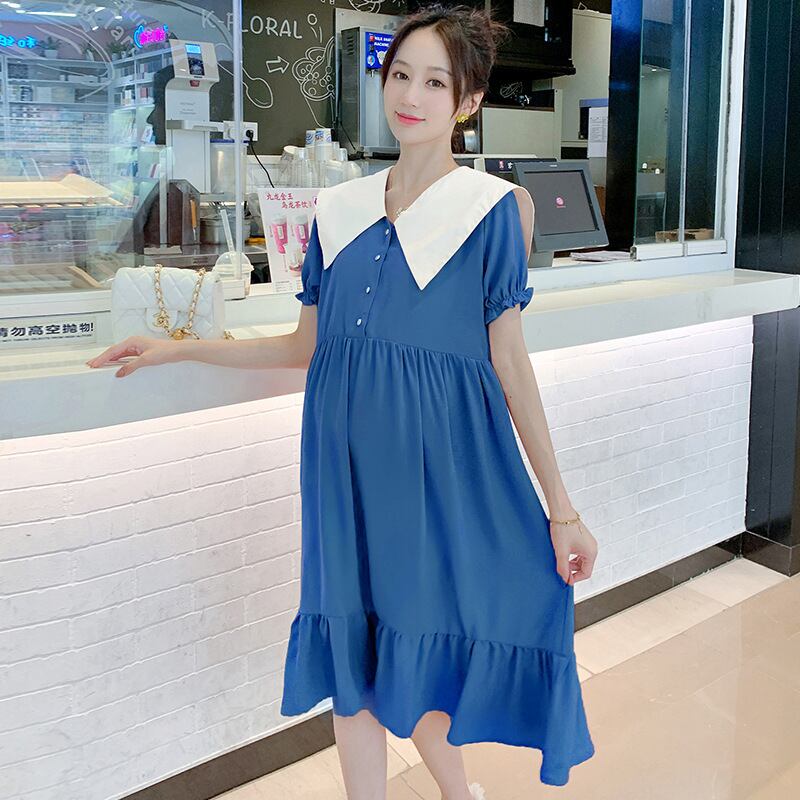 【新作】【送料無料】 マタニティウェア2020夏の新しいスタイルの綿とリネンの人形の襟のルーズドレスミドル丈のファッションマタニティドレス-アリババ コットン サマー 夏物 expec294912769659