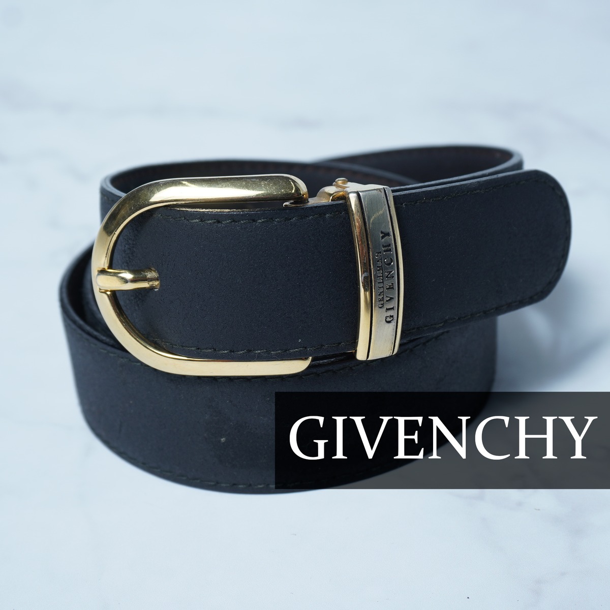 GIVENCHY】ジバンシー ”ロゴ入” ゴールドバックルレザーベルト black