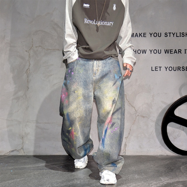 ストリートスタイルペイントカーブドジーンズパンツ 11171