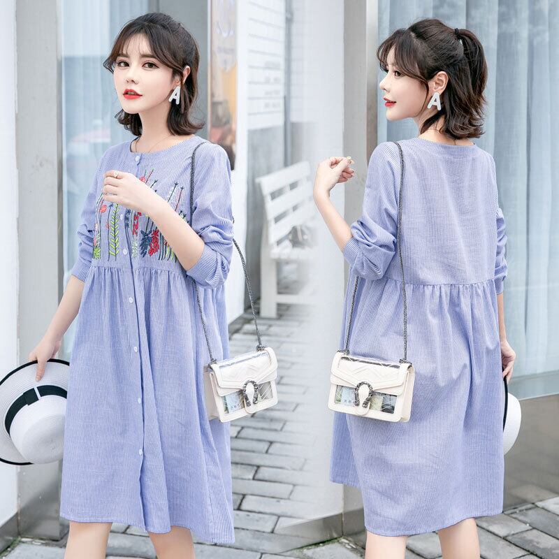 【新作】【送料無料】 096＃花刺繡ストライプコットンマタニティドレス2020春服妊婦大サイズゆるい妊娠 刺繍 大きめサイズ スプリング 春物 花柄 AL expec332876114783