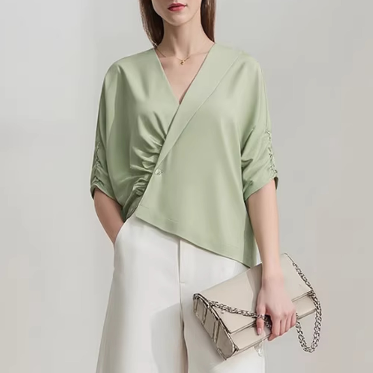 アシンメトリー ドレープ Vネック ブラウス 00134・画像4