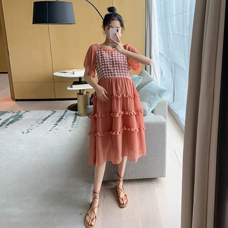 【新作】【送料無料】 マタニティウェア2020夏の新しいシフォンステッチの偽のツーピースドレス サマー 夏物 expec222638314074