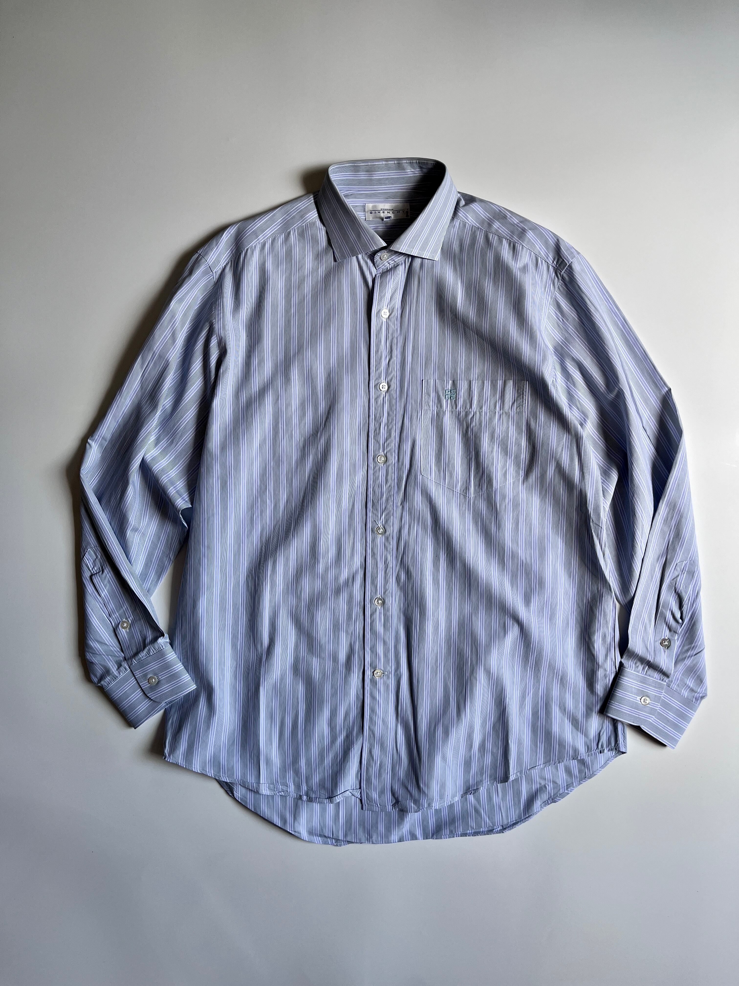 ジバンシィ GIVENCHY MONSIEUR ストライプ 長袖シャツ|ホワイト×グリーン×ライトネイビー|16|古着 日本製 90年代