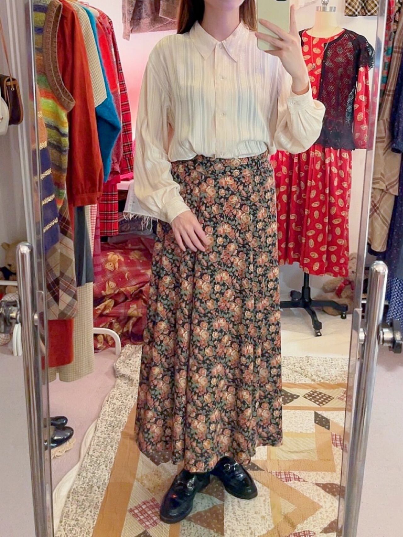 waist ribbon rose tuck flare skirt