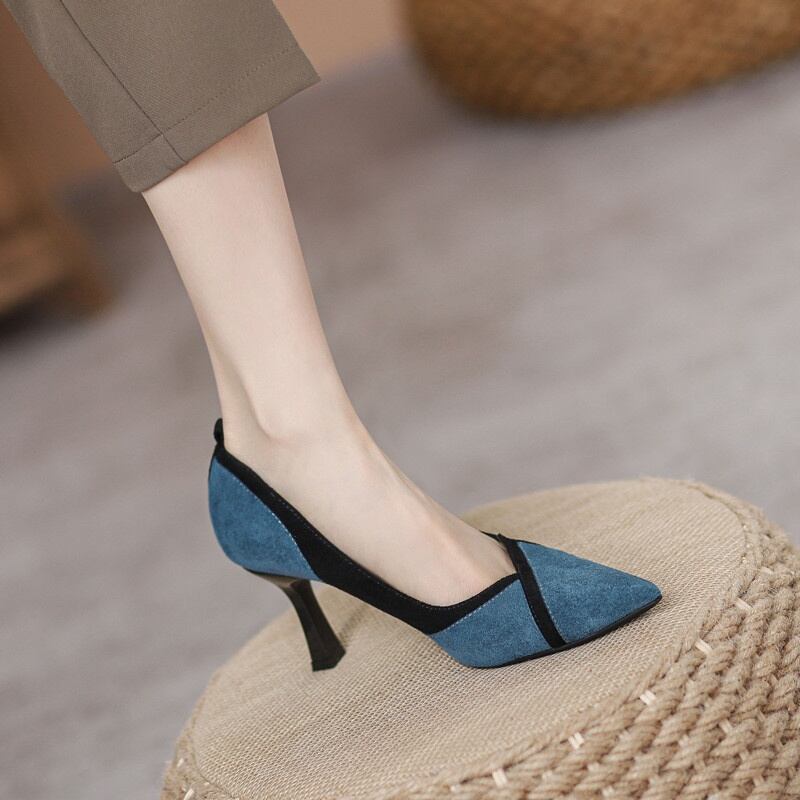スエードバイカラースティレットヒール ポインテッドトゥ パンプス U0351