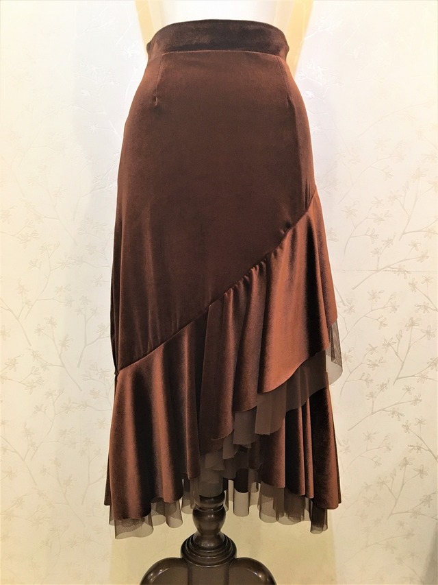 【送料無料】マーメイド風フリル付きベロア素材のロングスカート