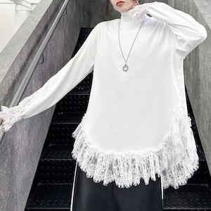 SOLID LACE STITCHED HIGH NECK PULLOVER TUNIC TOP 2colors M-15322