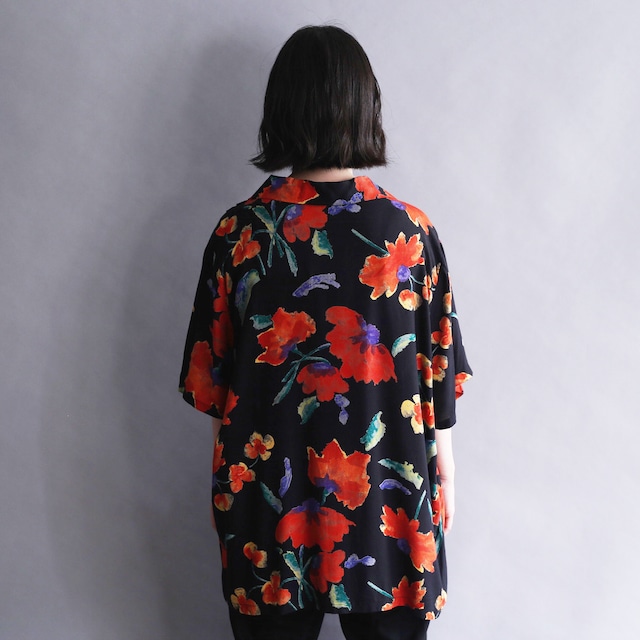 black base art flower pattern h/s rayon shirt