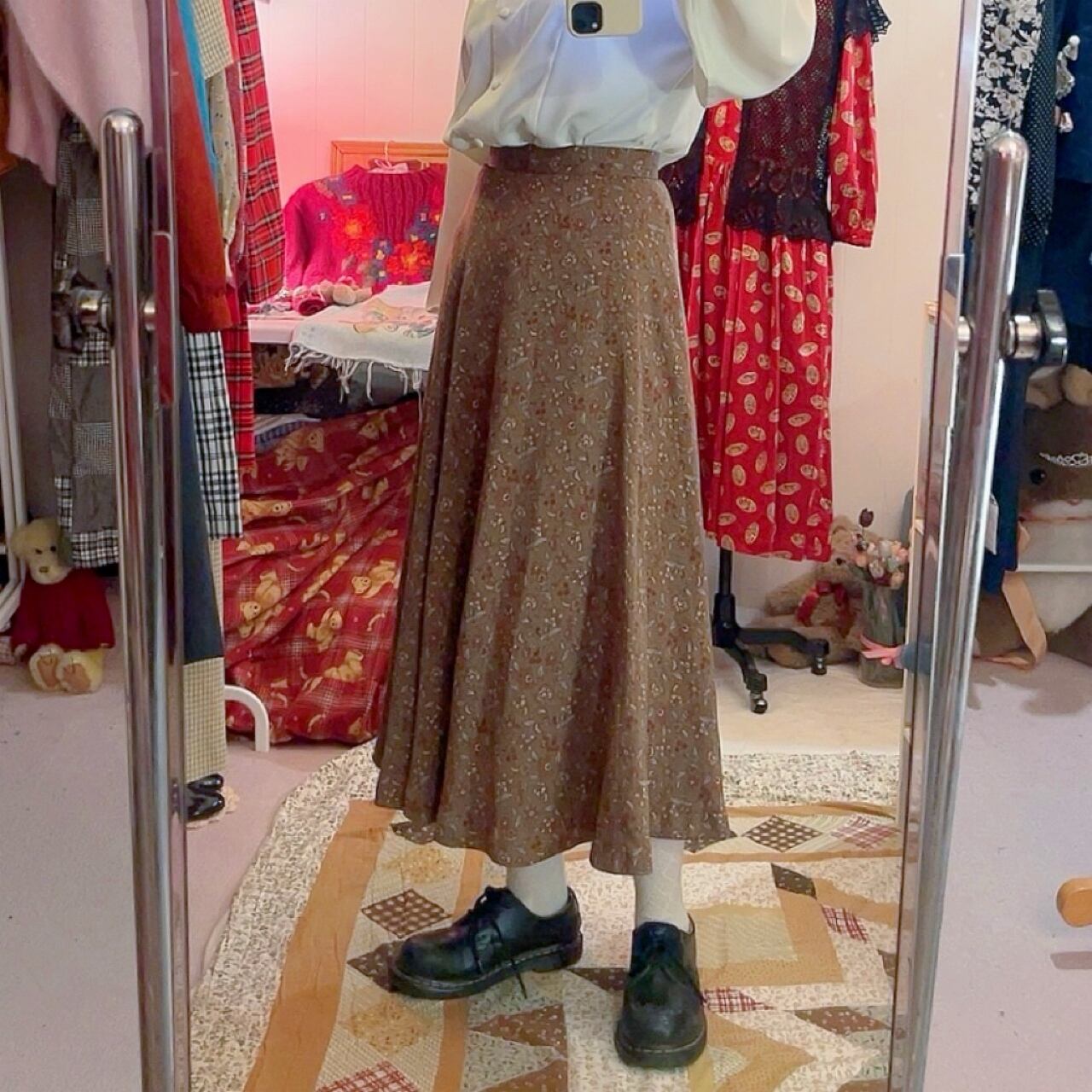 brown flower leaf flare skirt