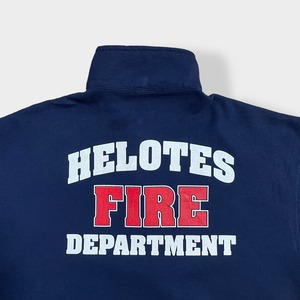 【JERZEES】ハーフジップ ロゴ 消防署 消防士  バックプリント スウェット プルオーバー L HELOTES FIRE DEPARTMENT ネイビー US古着