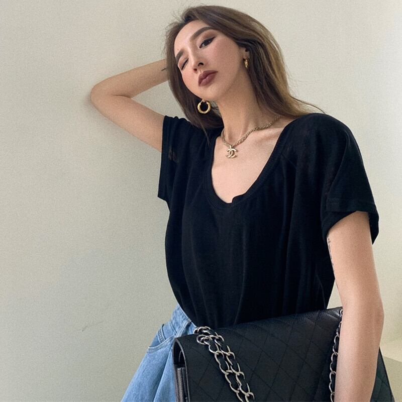 カラーカジュアルソリッド トップス サマー薄手ルーズTシャツ 夏物 シルク ソリッドカラー ガールズファッション46546136626