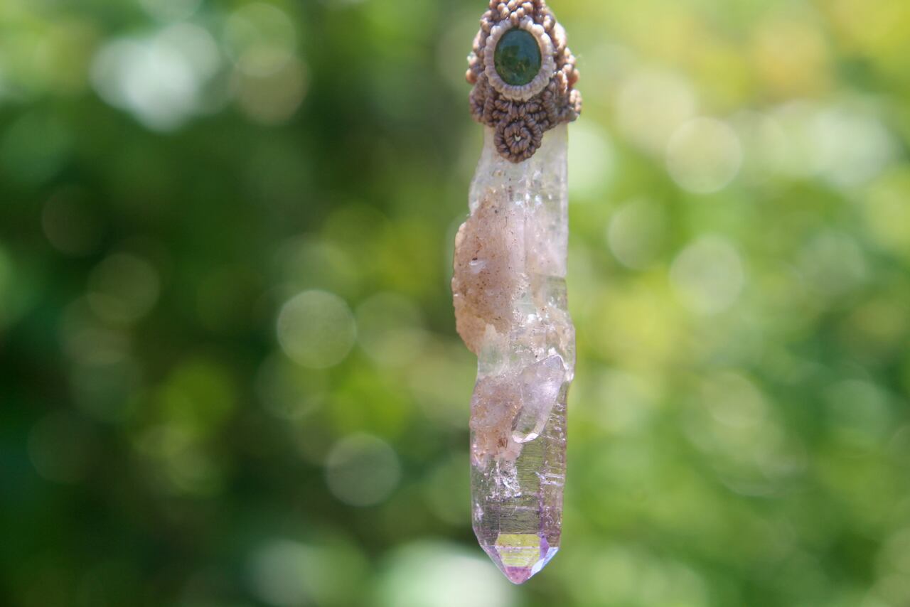 Amethyst point & Chrome Tourmaline  micro macrame pendant