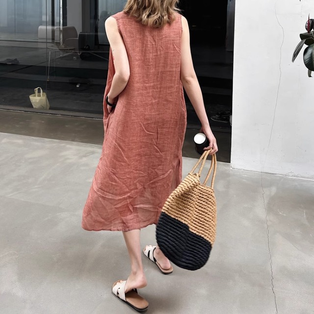 Vネック ノースリーブワンピース サイドスリット 2color  00088