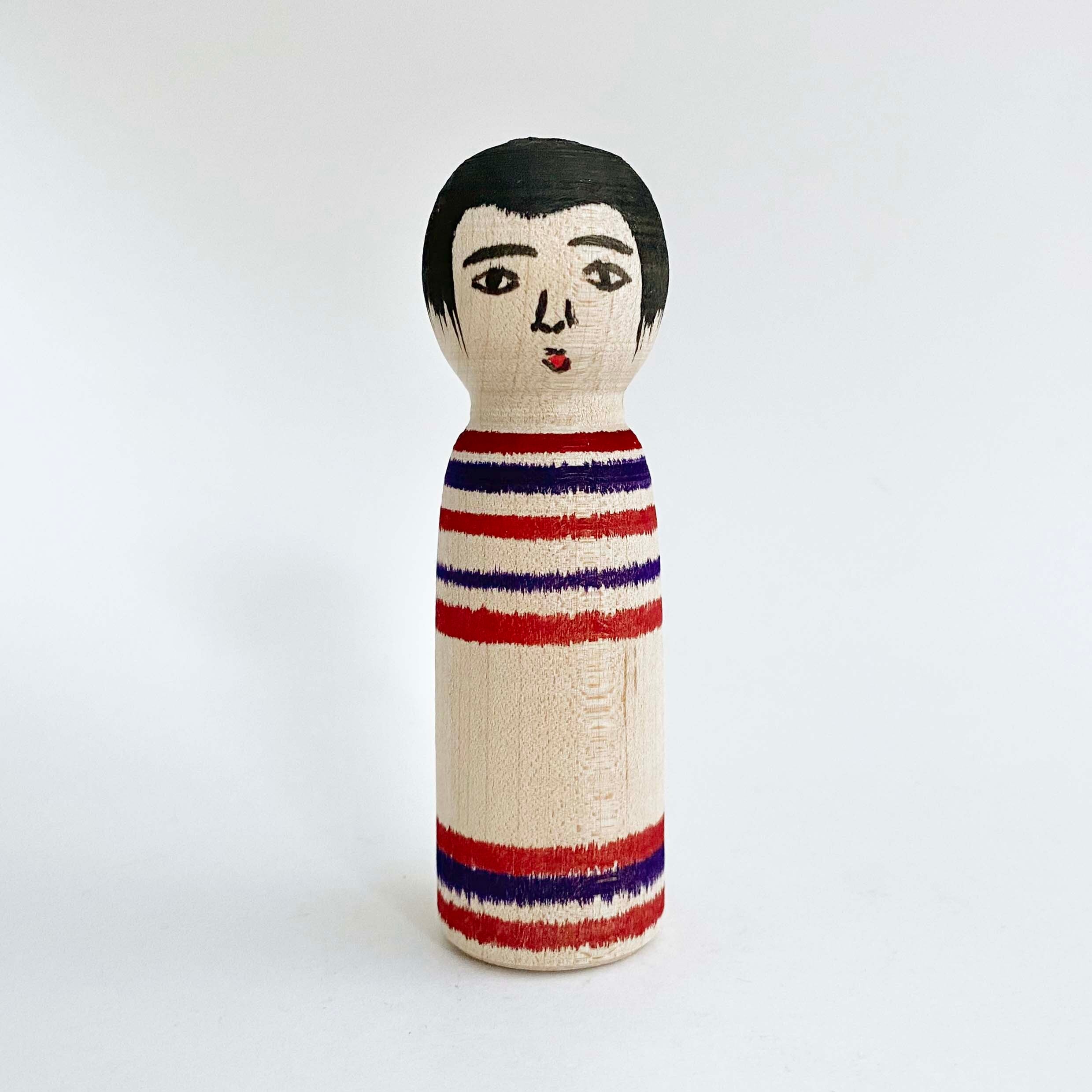 今晃工人こけし（赤と紫のボーダー小）