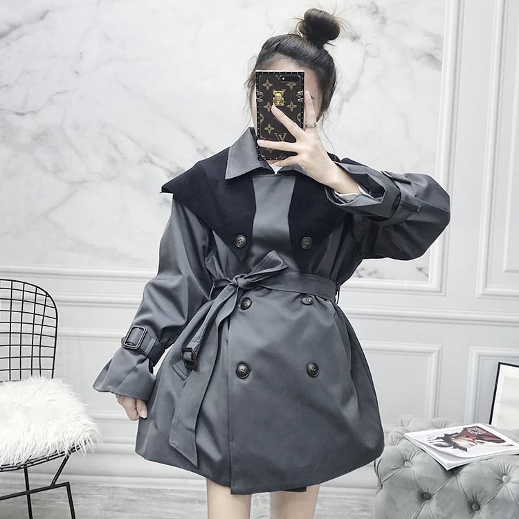 Cute カジュアル ハイウエスト トレンチコート レディース ステンカラーコート風 アウター ミディアム丈 カーキ グレーブルー 脚長効果 スタイルアップ 体型カバー 長袖 ゆったり ルーズ ゆるカジ エレガント ショール レイヤード風 個性的 通勤 ウエスト ベルト 男ウケ