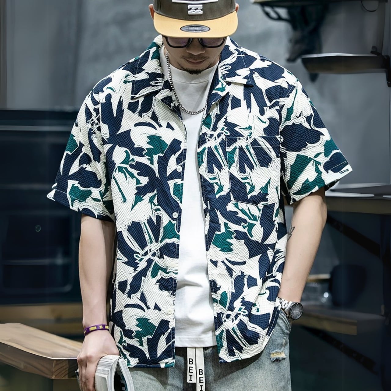 レギュラーカラー 抽象柄 ボタンダウンシャツ 00492