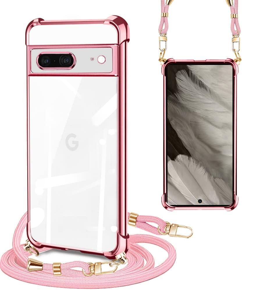 PAILAIMEN 兼容 google pixel 7 pro ケース クリア ショルダーストラップ 透明 TPU ストラップ付き 薄型 軽量 紐付き 取り外し可能 携帯ケース(ローズゴールド)