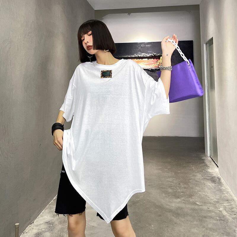 ホワイトTシャツ シャツ サマールーズ薄手アシンメトリー コットン 夏物 ピュア ラブタオタオダレンハウス47426905914