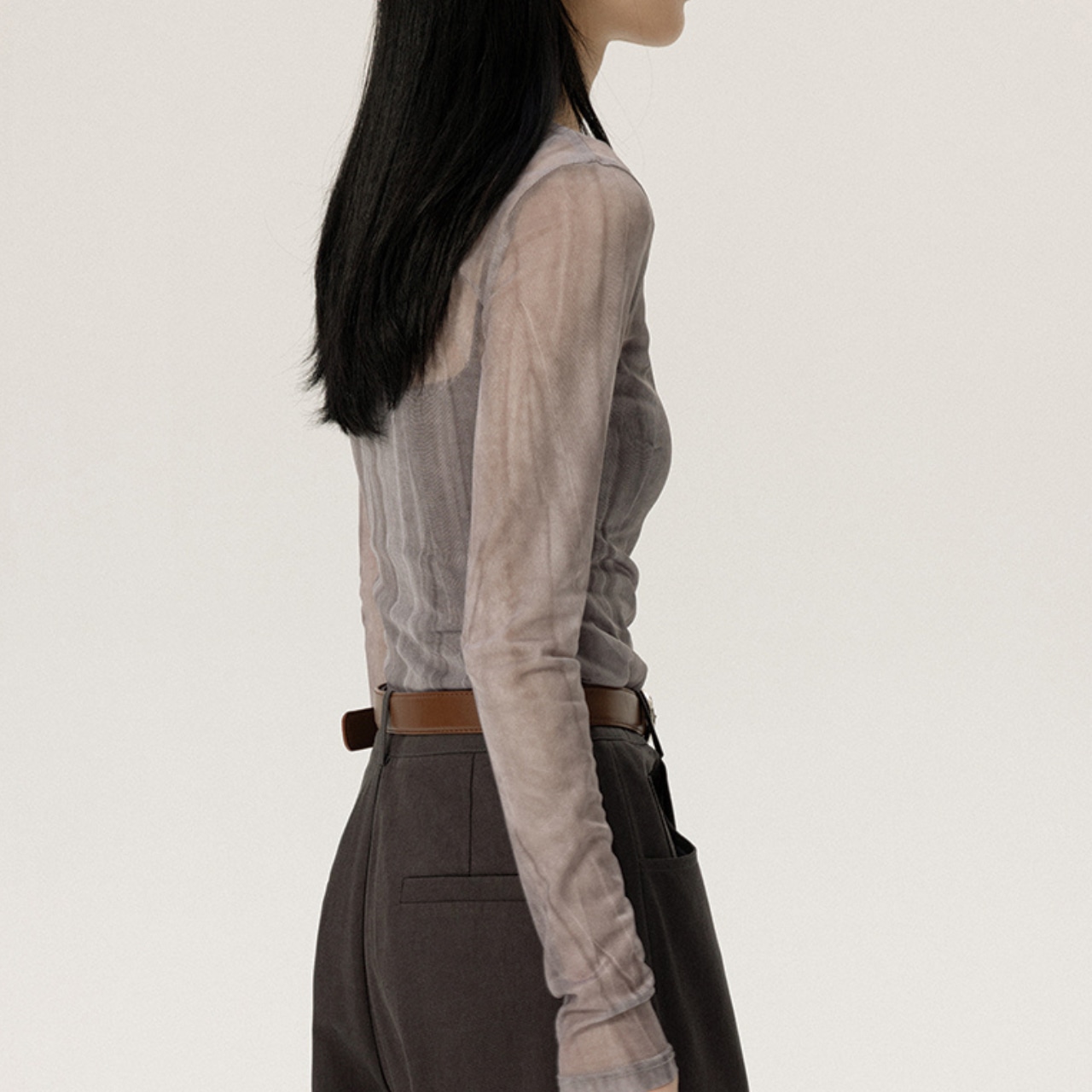 Sheer Long Sleeve Round Neck Top T0339