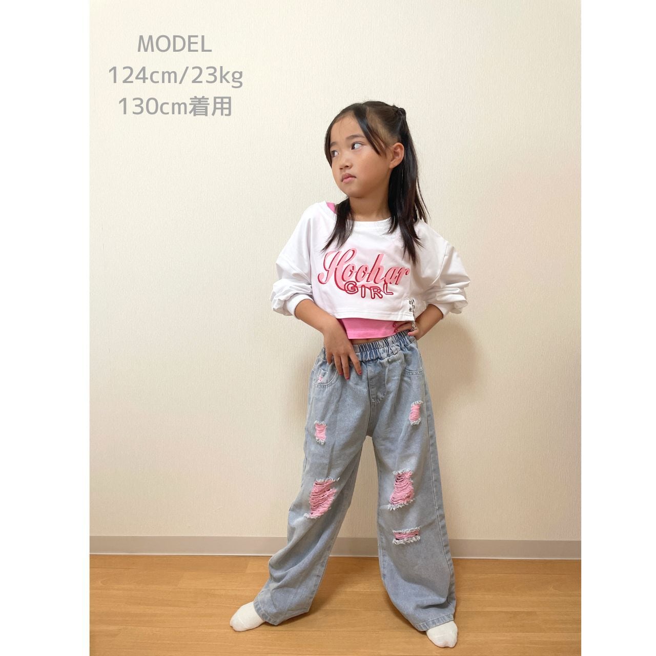 120-170】ピンクダメージデニム ダンス服 デニム カジュアル ピンク