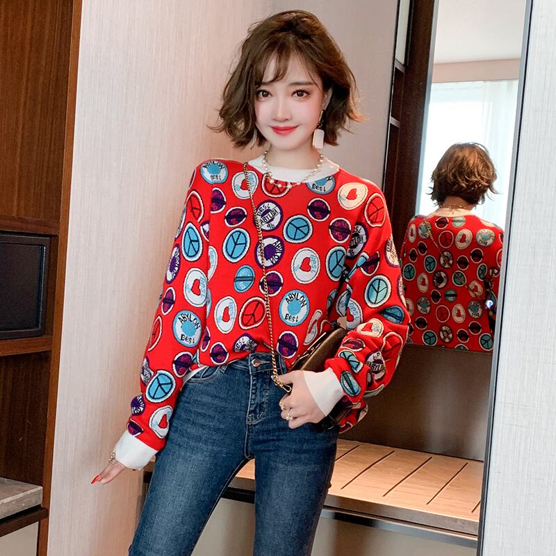 ジャカードラウンドネックニットトップス Oネック MIUCO96782058942