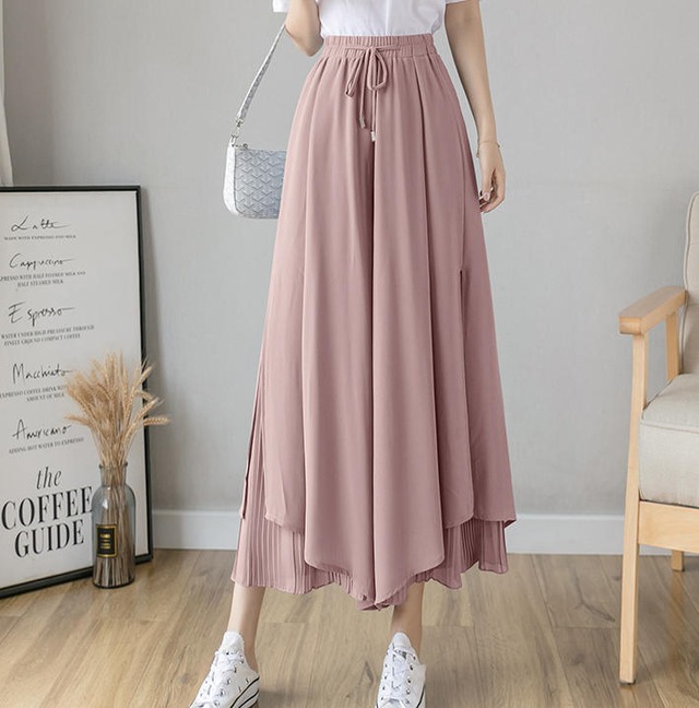 【送料無料】スカーチョ ワイドパンツ ハイウエスト シフォン 無地 シンプル きれいめ 大人 上品 30代 40代 ブルー ピンク ホワイト ブラック PT-077R