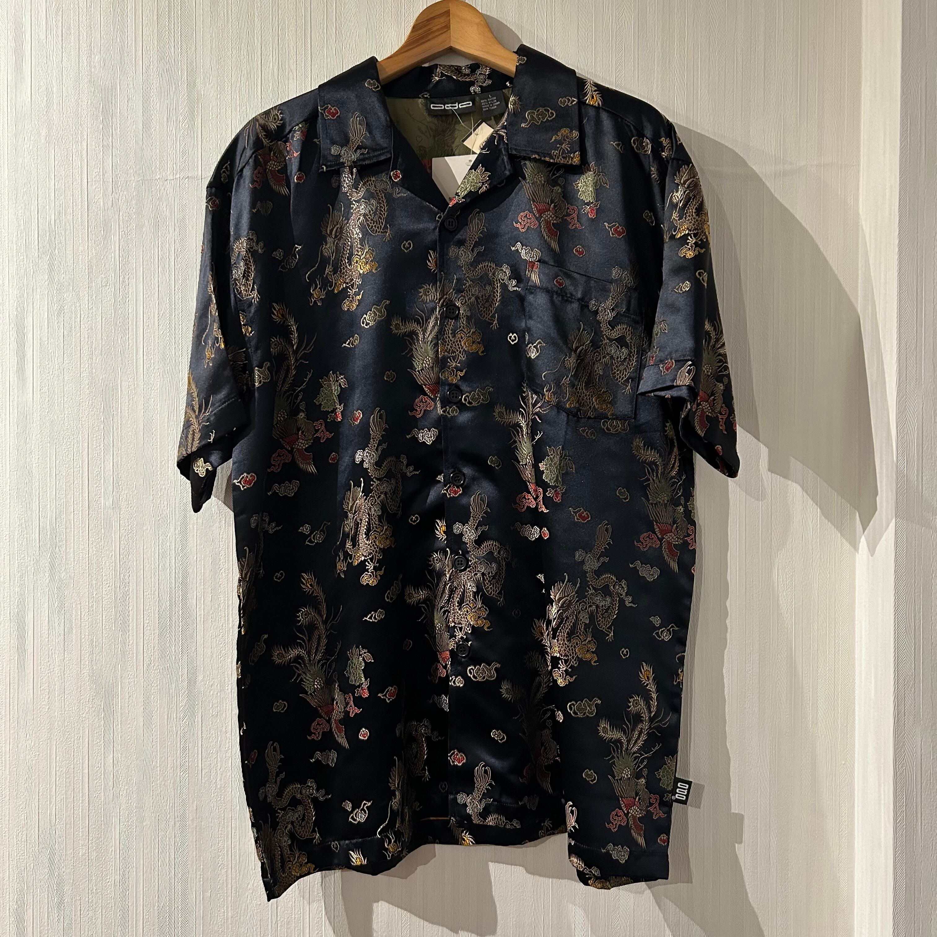 Dead Stock!! 2000s “Y2K” odo rayon × nylon S/S shirt "BLACK"