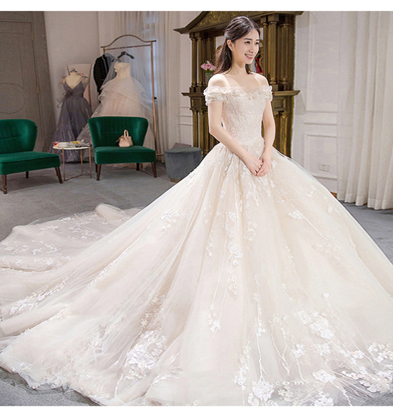 高品質！ウエディングドレス アイボリー オフショル 上品レース ソフト  