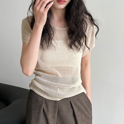 waist ribbon design sheer Knit top　L0482