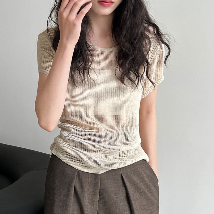 waist ribbon design sheer Knit top L0482