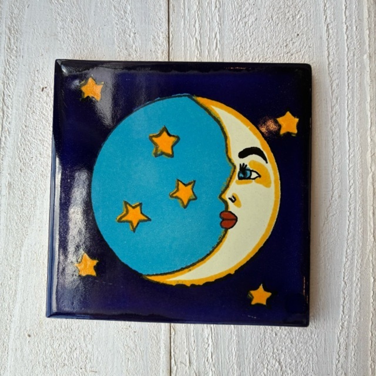 Mexico Talavera tile　メキシコタラベラタイル　L　ムーン　月　スター　星　ネイビー　ブルー　10cm　コースター　鍋敷き　DIY　モザイクタイル　柄タイル　室内壁　室外壁　デザインタイル　レトロ　アートタイル　ハンドメイド
