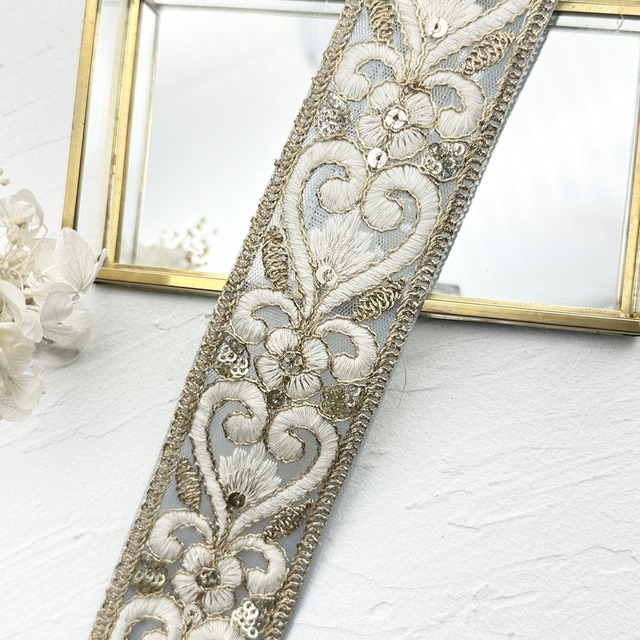 ロイヤルハートNEW　[サックス]インド刺繍リボン　2833