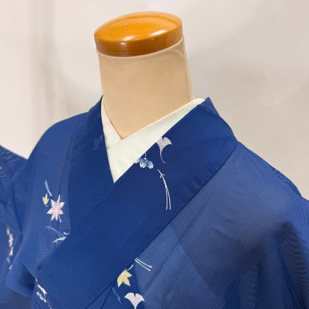 小紋 夏 絽 夏用 洗える着物 裄67cm 身丈166.5cm 花柄 お洒落着 普段着 ポリエステル 青 美品 L サイズ 6418