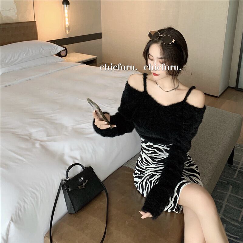 ブラックニットセーター シャツ レディースストラップレススタイルショートトップス ロング ウィンター 冬物 ブラックストロベリース79989262952