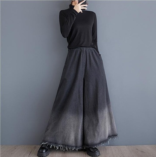 大きいサイズ デニム ワイドパンツ カットオフ レディース 秋冬 ダメージ 新品