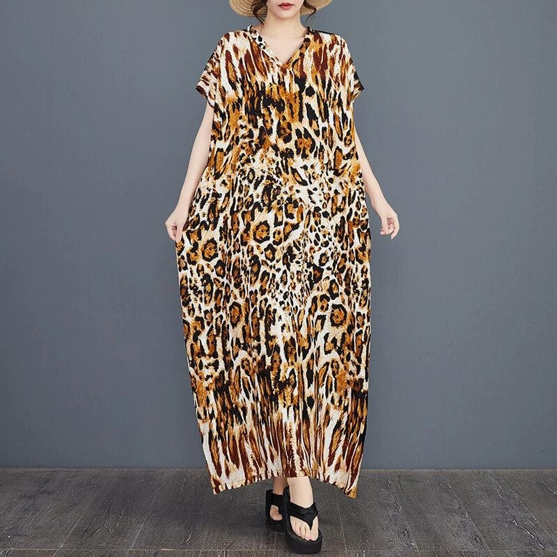 PRINT V-NECK HALF SLEEVES MAXI PULLOVER DRESS 5colors M-16749