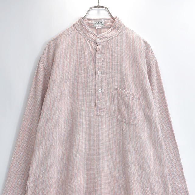 FABINDIA ファブインディア ロングプルオーバーシャツ バンドカラー サイドポケット ランダムストライプ インド綿 手織り グレージュ オレンジ USED ヴィンテージ 古着 メンズ L相当
