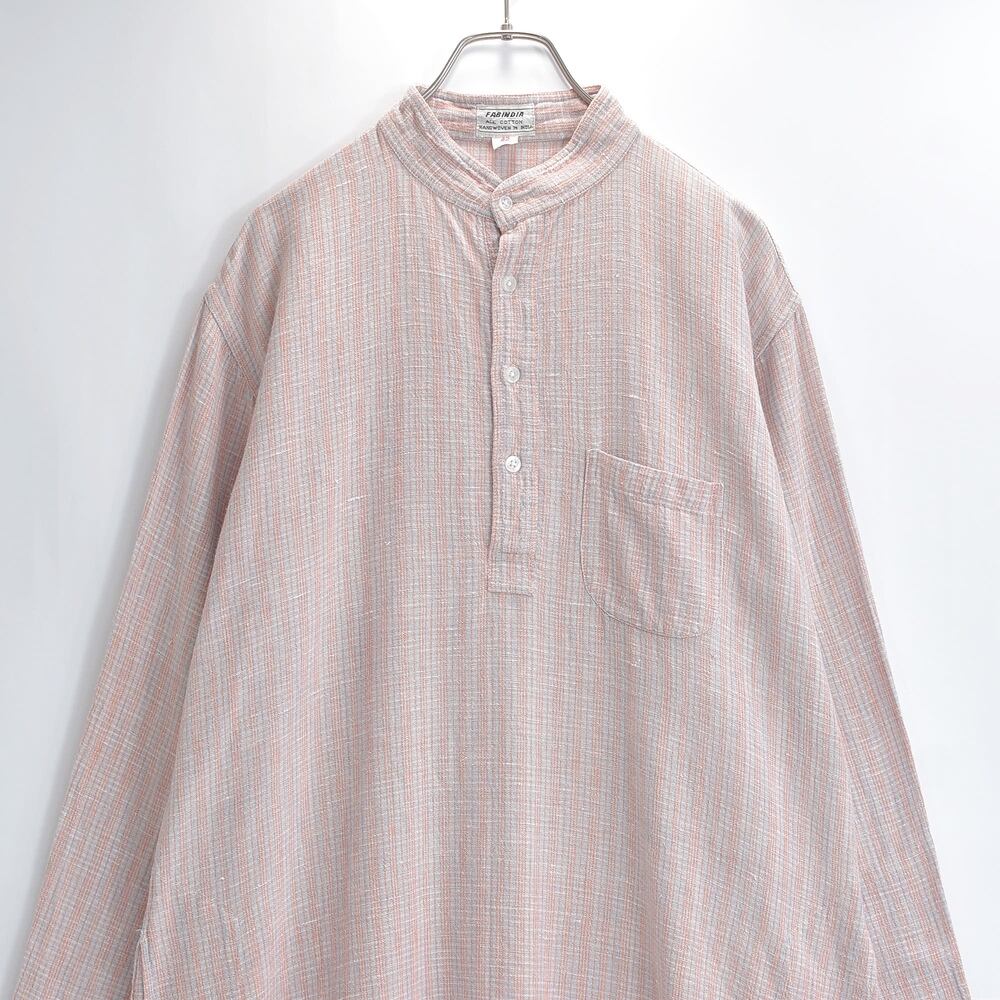 FABINDIA ファブインディア ロングプルオーバーシャツ バンドカラー サイドポケット ランダムストライプ インド綿 手織り グレージュ オレンジ USED ヴィンテージ 古着 メンズ L相当