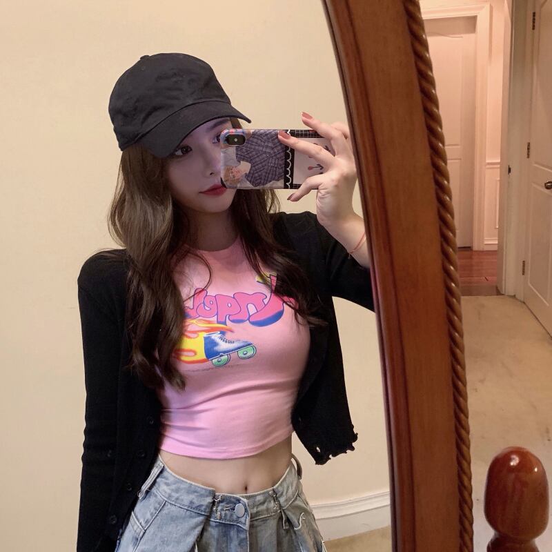 Tシャツ シャツ プリント柄ショートスリムスプリングサマー ピンク 春物 夏物 ブラックストロベリース13822158580